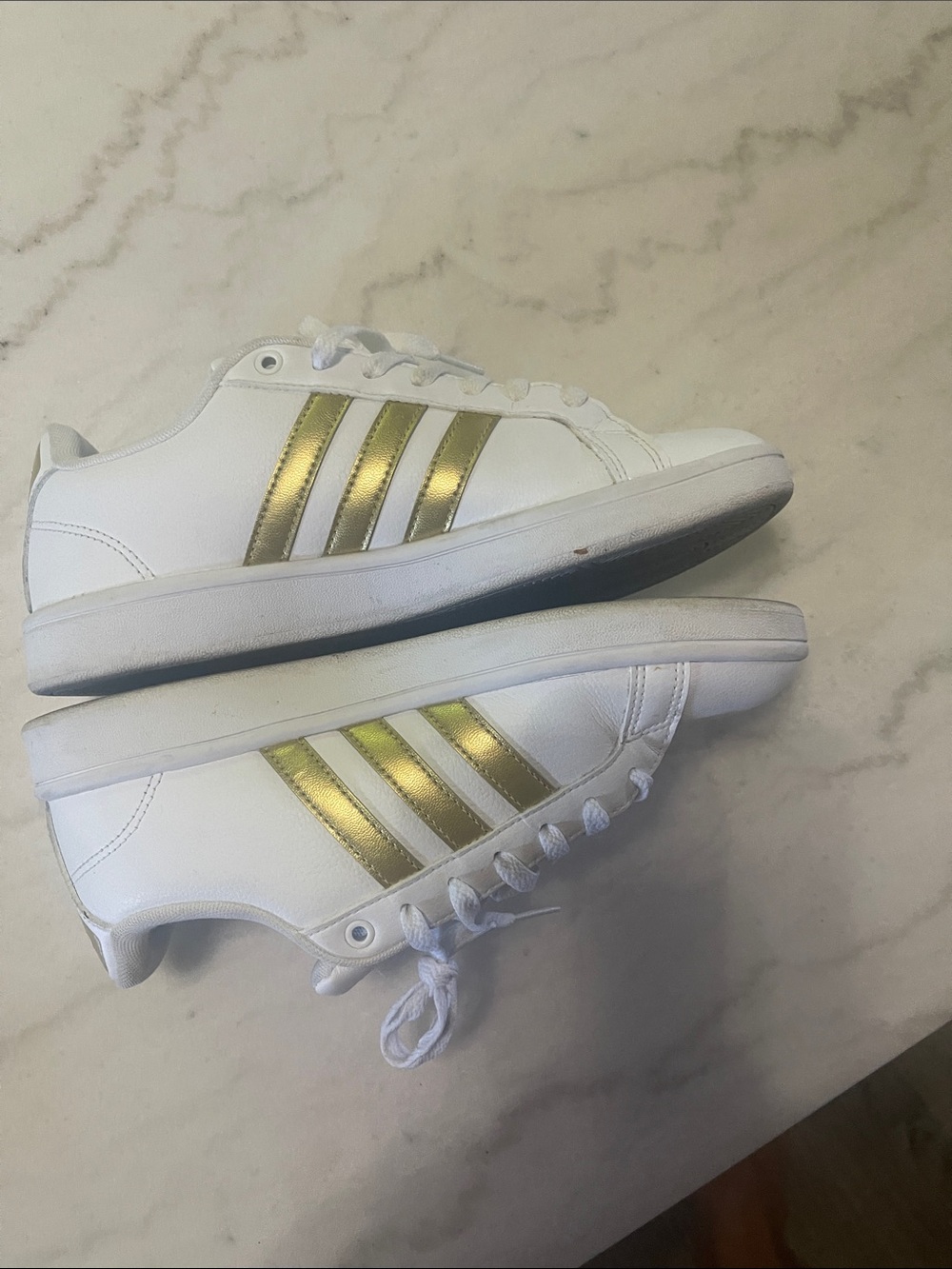 adidas White Sneakers with Gold Stripes